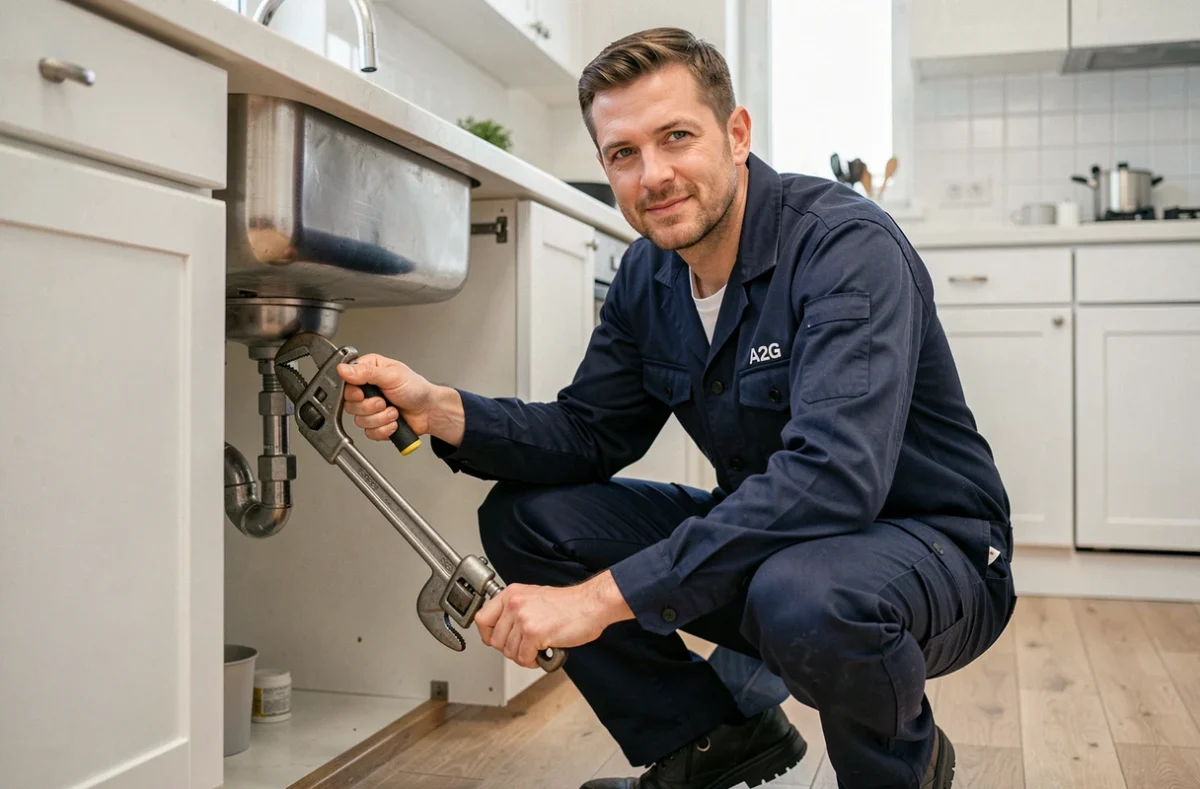Un plombier A2G Plombier à Rennes en uniforme bleu marine travaillant sous un évier de cuisine moderne avec une clé à pipe