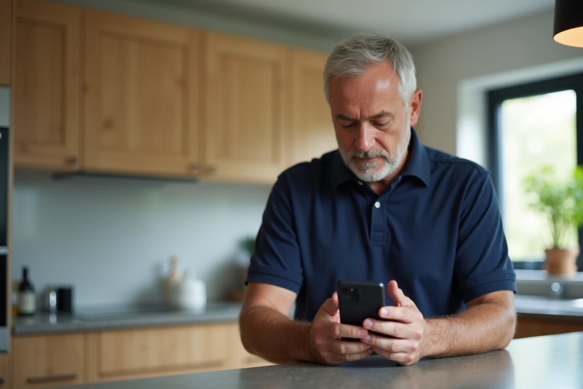 Homme consultant son compte client énergie renouvelable sur smartphone dans une cuisine moderne
