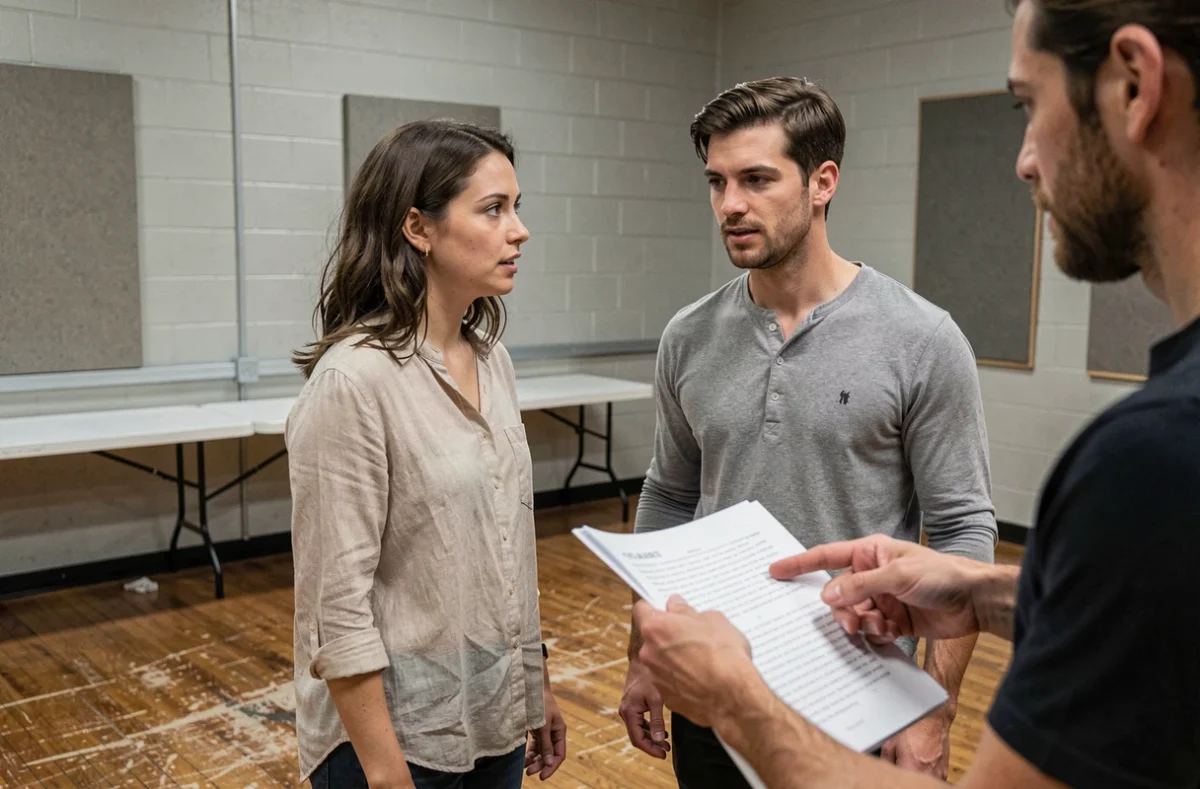Deux acteurs et un metteur en scène analysant une didascalie pendant une répétition de théâtre