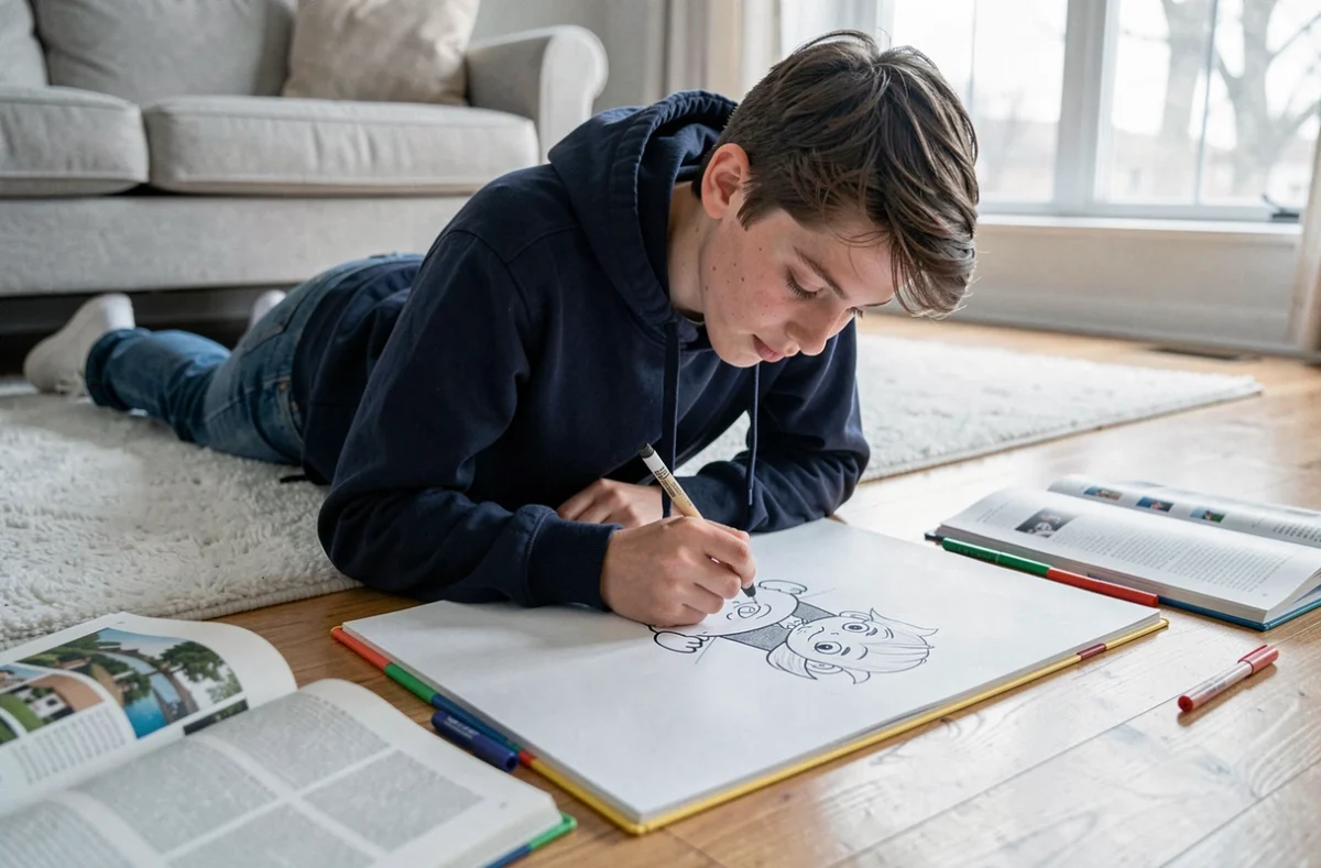 Adolescent allongé sur le sol d'un salon dessinant un personnage cartoon étape par étape sur un grand bloc de dessin entouré de marqueurs colorés