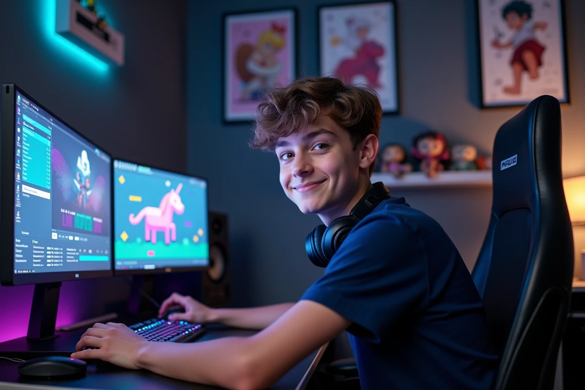 Adolescent créant un sprite de licorne en pixel art sur son ordinateur dans sa chambre gamer