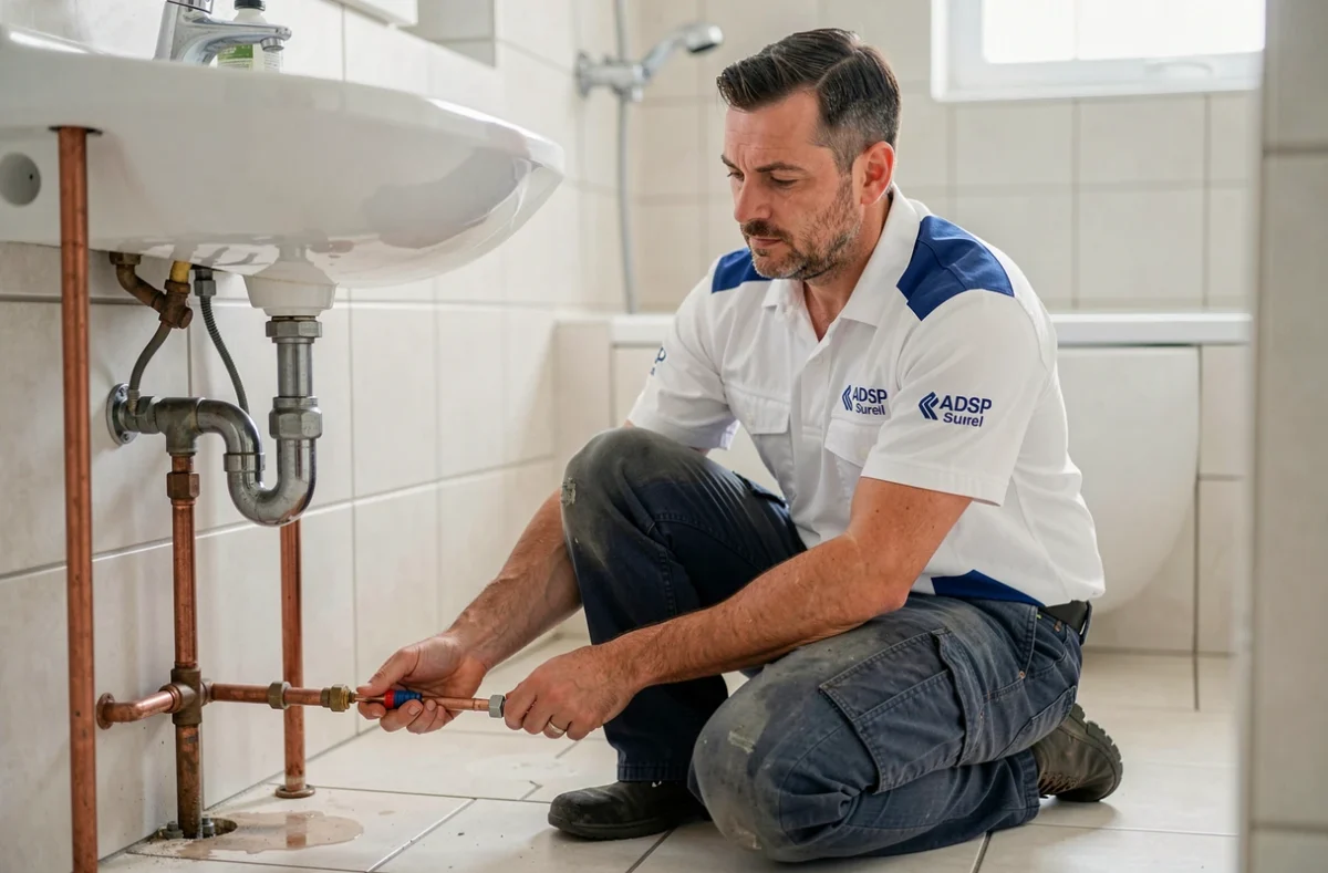 Un technicien ADSP Surel Chauffage Plomberie raccordant des tuyaux en cuivre sous un lavabo dans une salle de bain résidentielle à Rennes