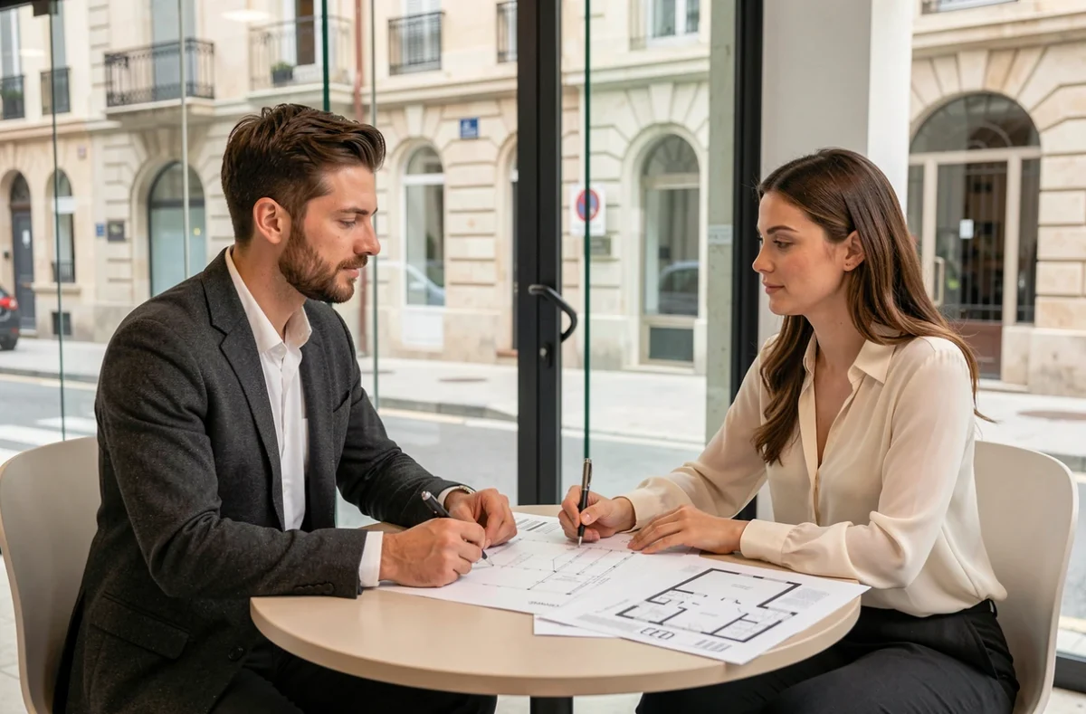 Deux agents immobiliers analysant des plans et des documents de valorisation dans une agence moderne de Nice