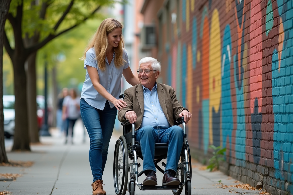 Femme aidant un homme âgé en fauteuil dans la rue