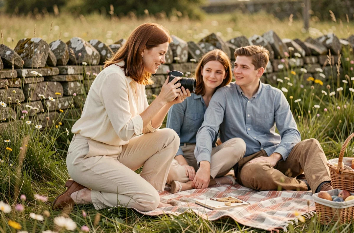 Amandine Ropars photographe en plein air dans une prairie normande, photographiant un couple assis sur un plaid
