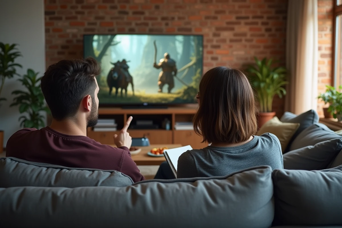 Deux amis adultes analysant ensemble les faiblesses du type Dragon sur un écran de télévision lors d'une session de jeu