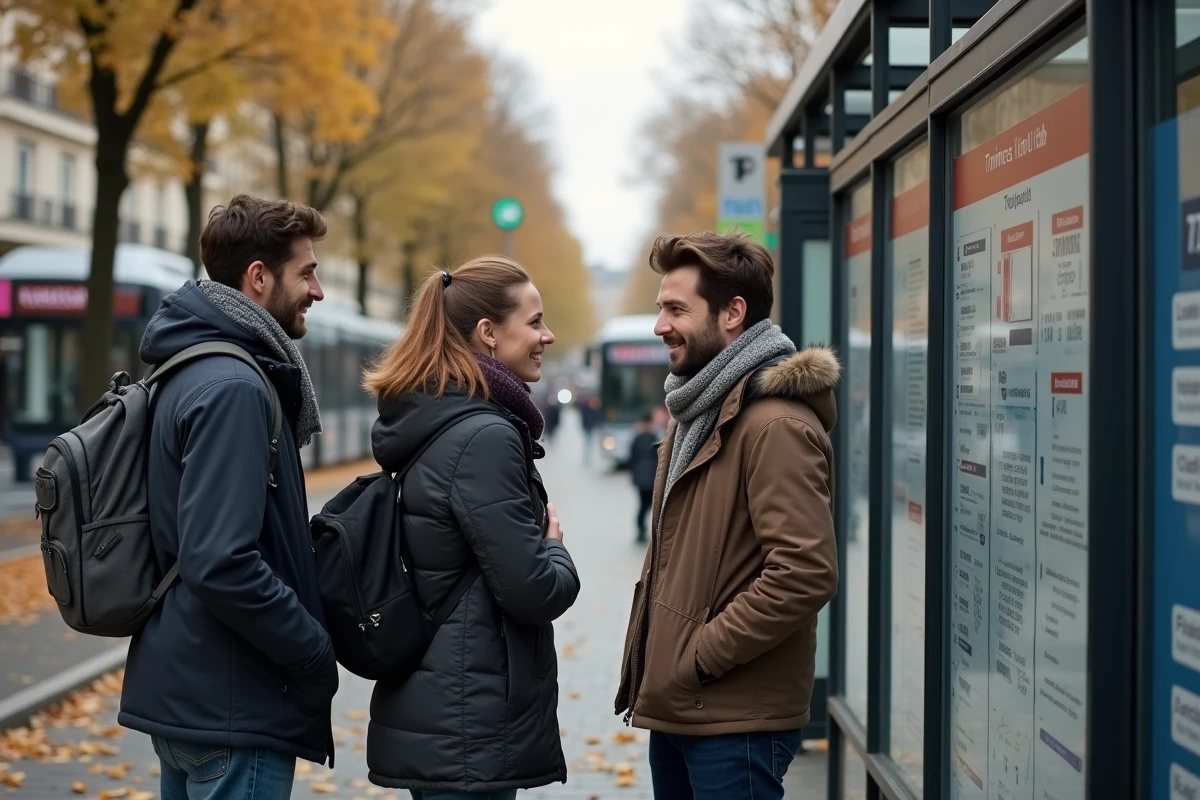 Trois amis à un arrêt de bus à Lyon en automne