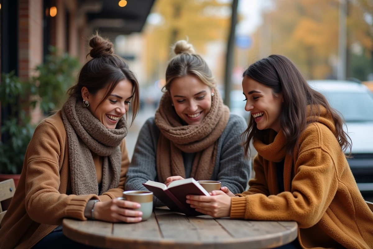 Trois amis discutant autour d un cafe avec ebooks en plein air