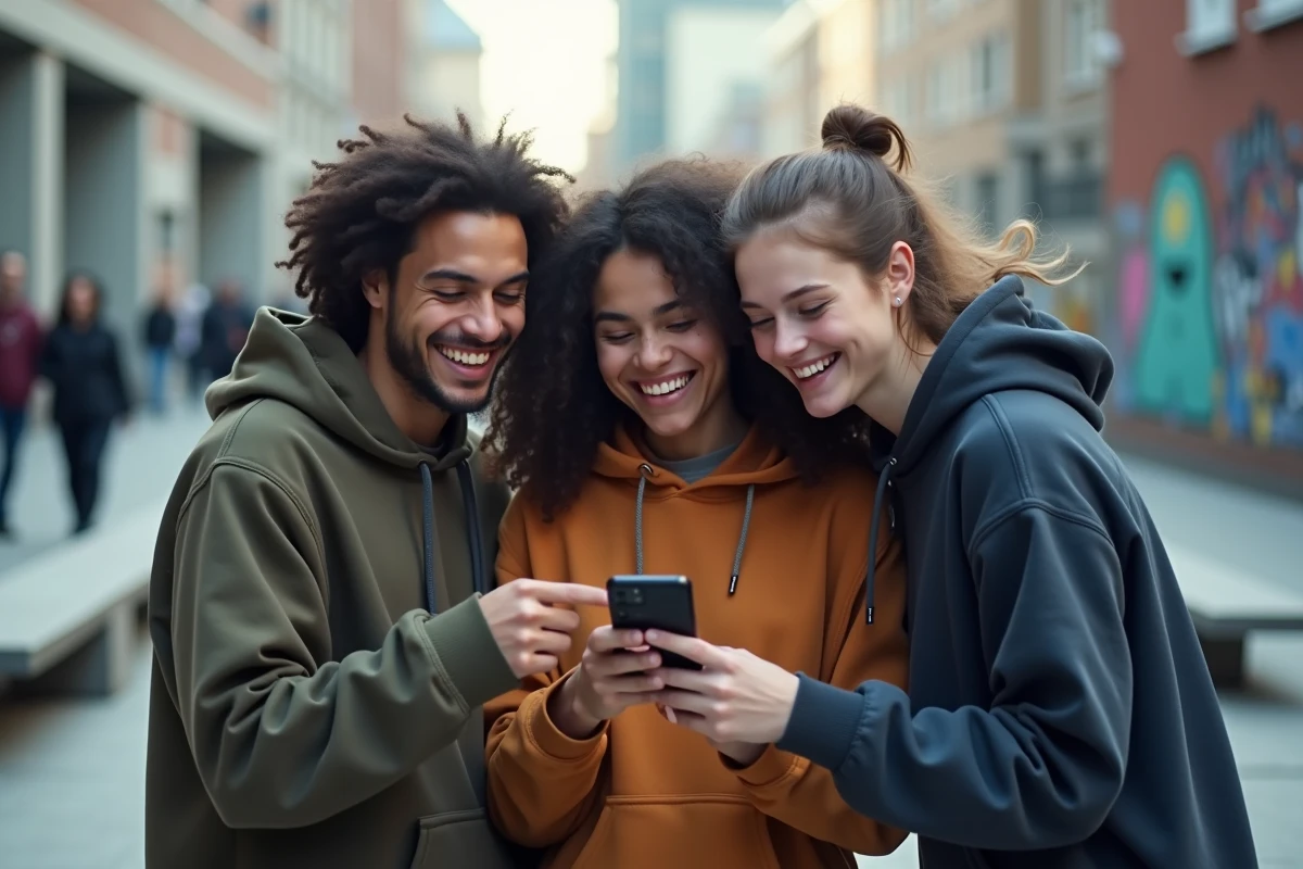 Groupe d'amis en milieu urbain réagissant avec enthousiasme à une chanson sur smartphone, culture musicale générationnelle