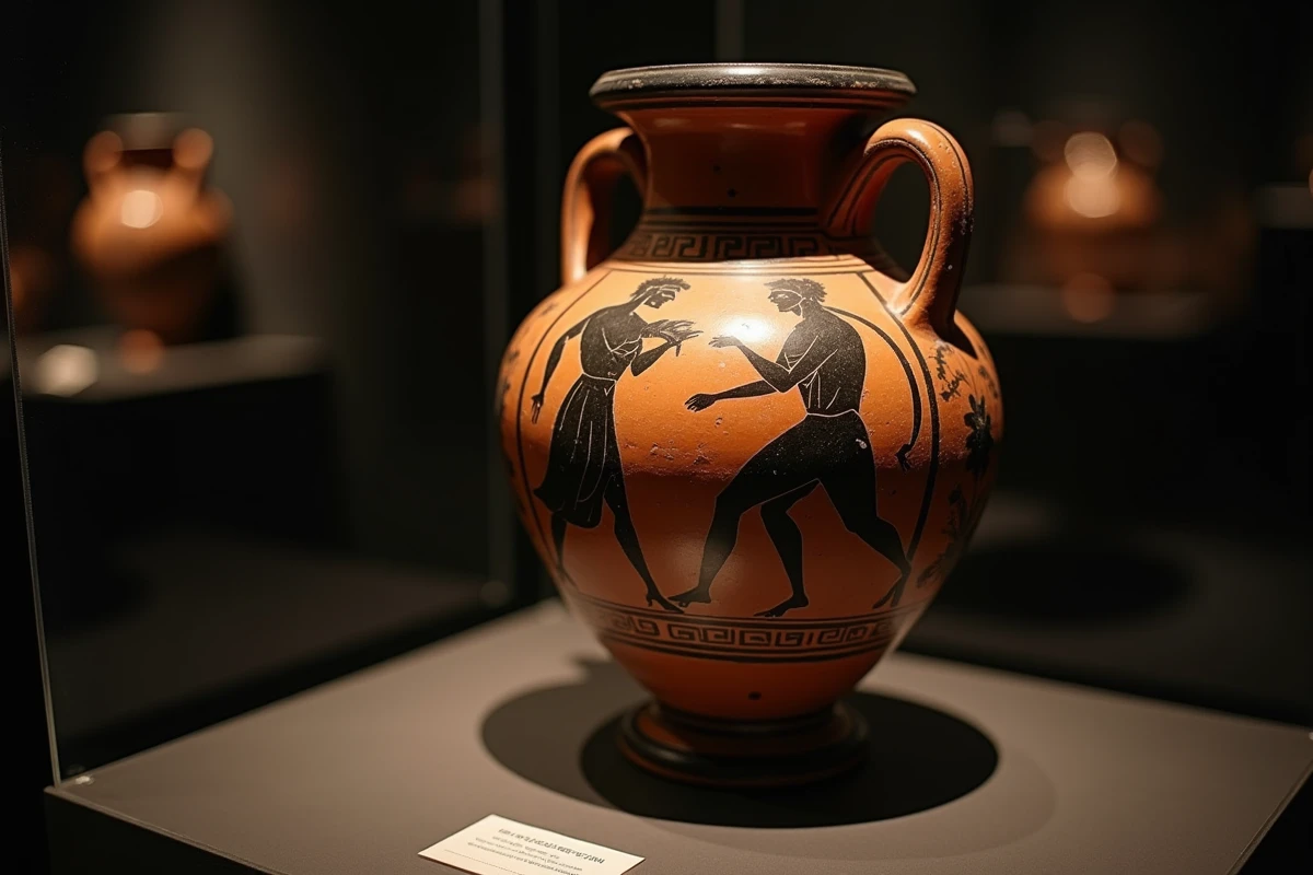 Amphore grecque antique à figures noires représentant le combat de Thésée contre le Minotaure dans une vitrine de musée
