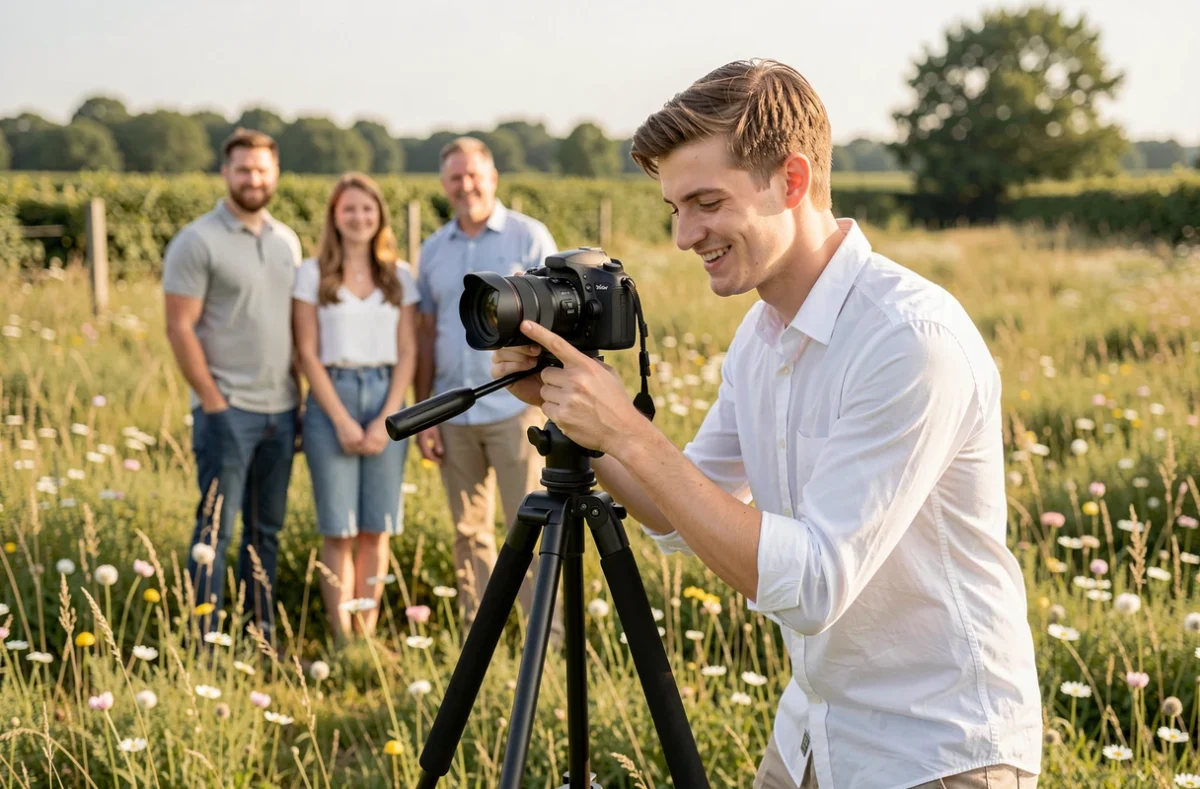 Arthur Music jeune photographe installant son trépied dans une prairie du bocage normand pour une séance photo de famille