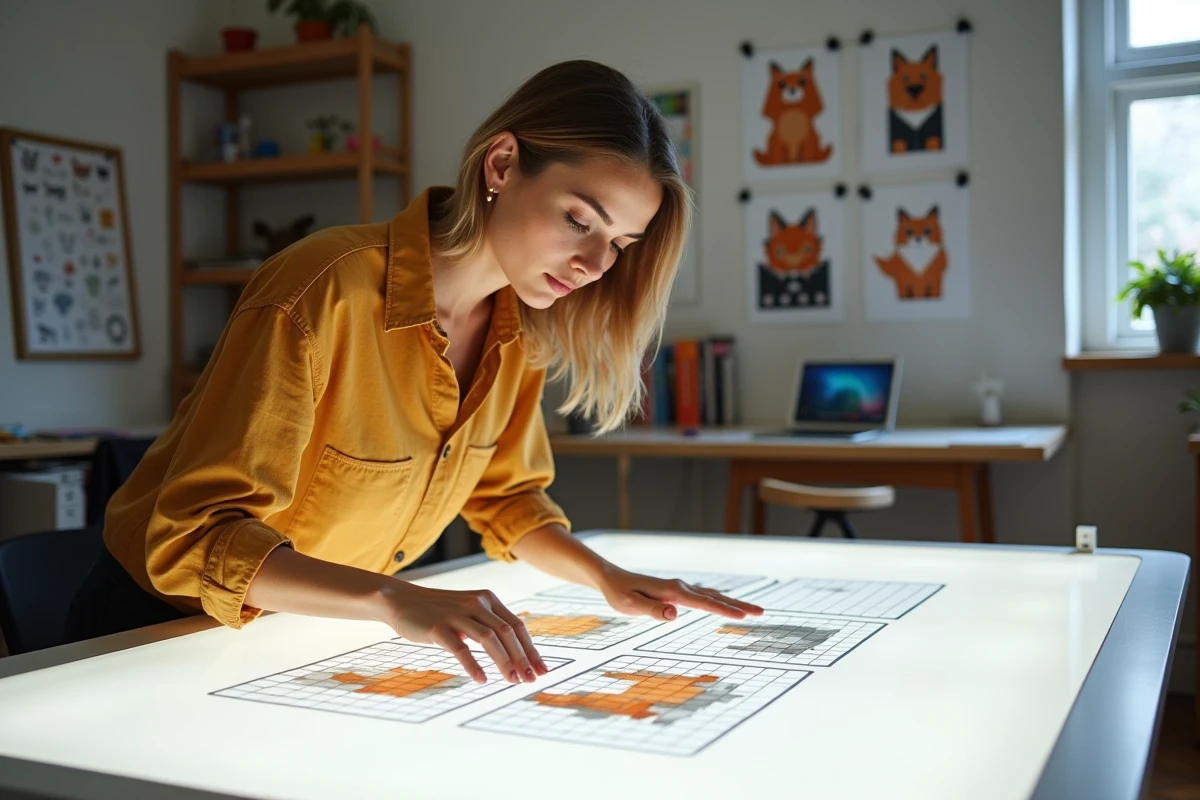 Artiste féminine utilisant une table lumineuse pour créer des gabarits de pixel art d'animaux dans un studio