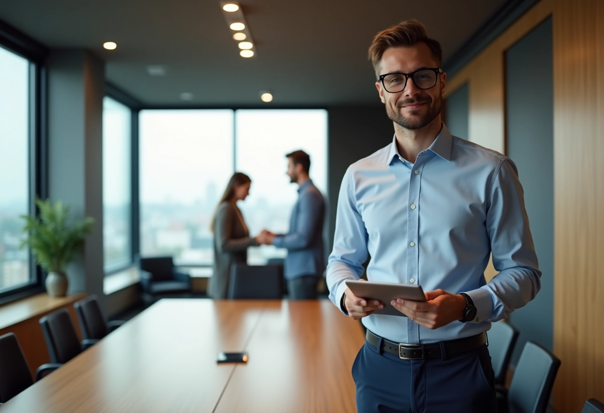Assistant homme montrant une tablette lors d