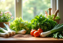 Assortiment de légumes frais sur plan de travail ensoleillé