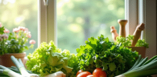 Assortiment de légumes frais sur plan de travail ensoleillé