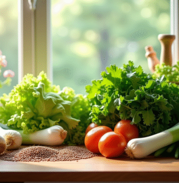 Assortiment de légumes frais sur plan de travail ensoleillé