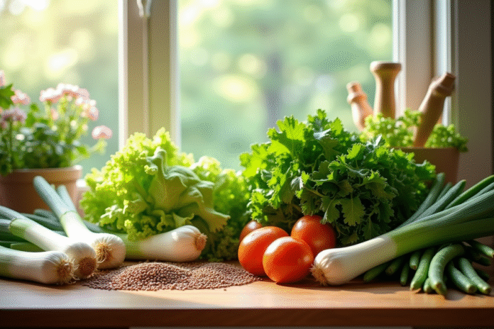Assortiment de légumes frais sur plan de travail ensoleillé