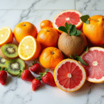 Assortiment de fruits vitaminés sur plan de travail blanc