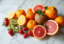Assortiment de fruits vitaminés sur plan de travail blanc