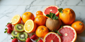 Assortiment de fruits vitaminés sur plan de travail blanc