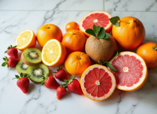 Assortiment de fruits vitaminés sur plan de travail blanc