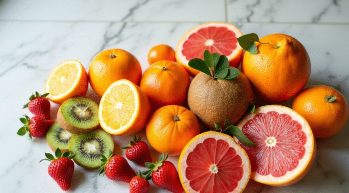 Assortiment de fruits vitaminés sur plan de travail blanc