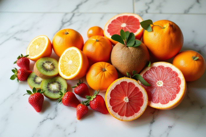 Assortiment de fruits vitaminés sur plan de travail blanc