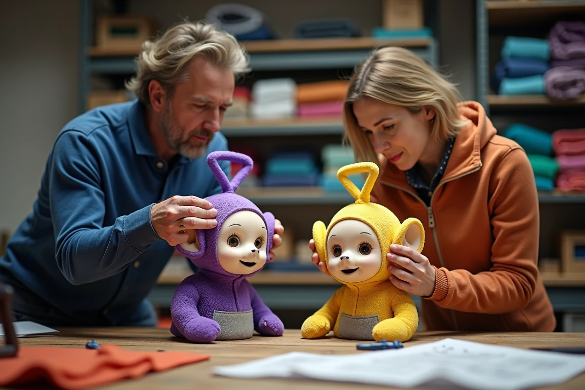 Costumiers ajustant têtes de Télétubbies dans un atelier créatif