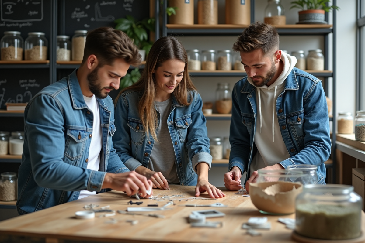 Jeunes créant prototypes avec matériaux recyclés en atelier