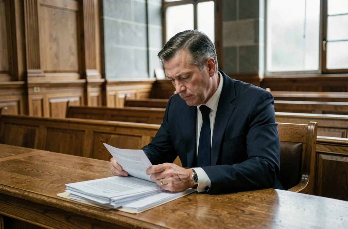 Avocat en costume marine dans une salle d'audience, consultant des documents juridiques après un jugement de débouté au tribunal