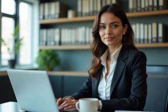 Avocate femme concentrée travaillant sur son ordinateur dans un bureau moderne