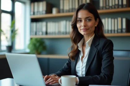 Avocate femme concentrée travaillant sur son ordinateur dans un bureau moderne