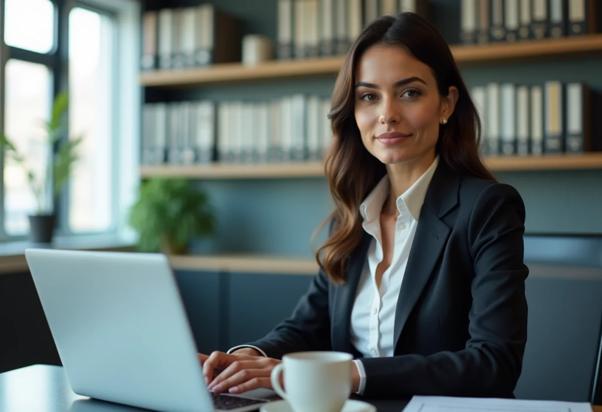 Avocate femme concentrée travaillant sur son ordinateur dans un bureau moderne