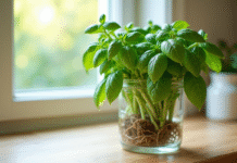 Belles branches de basilic avec racines dans un verre ensoleillé