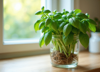 Belles branches de basilic avec racines dans un verre ensoleillé