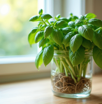 Belles branches de basilic avec racines dans un verre ensoleillé