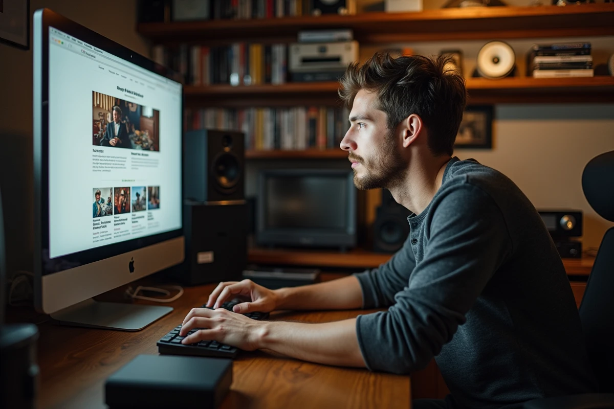 Homme passionné consultant un blog de tests audio-vidéo sur son ordinateur dans un bureau vintage entouré de matériel hi-fi