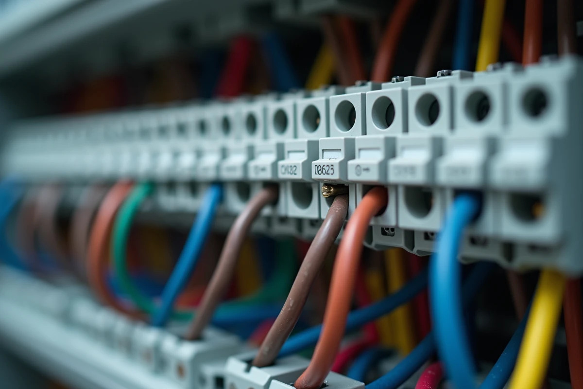 Gros plan sur un bornier électrique mal câblé avec des raccordements incorrects et une vis desserrée dans un tableau de distribution