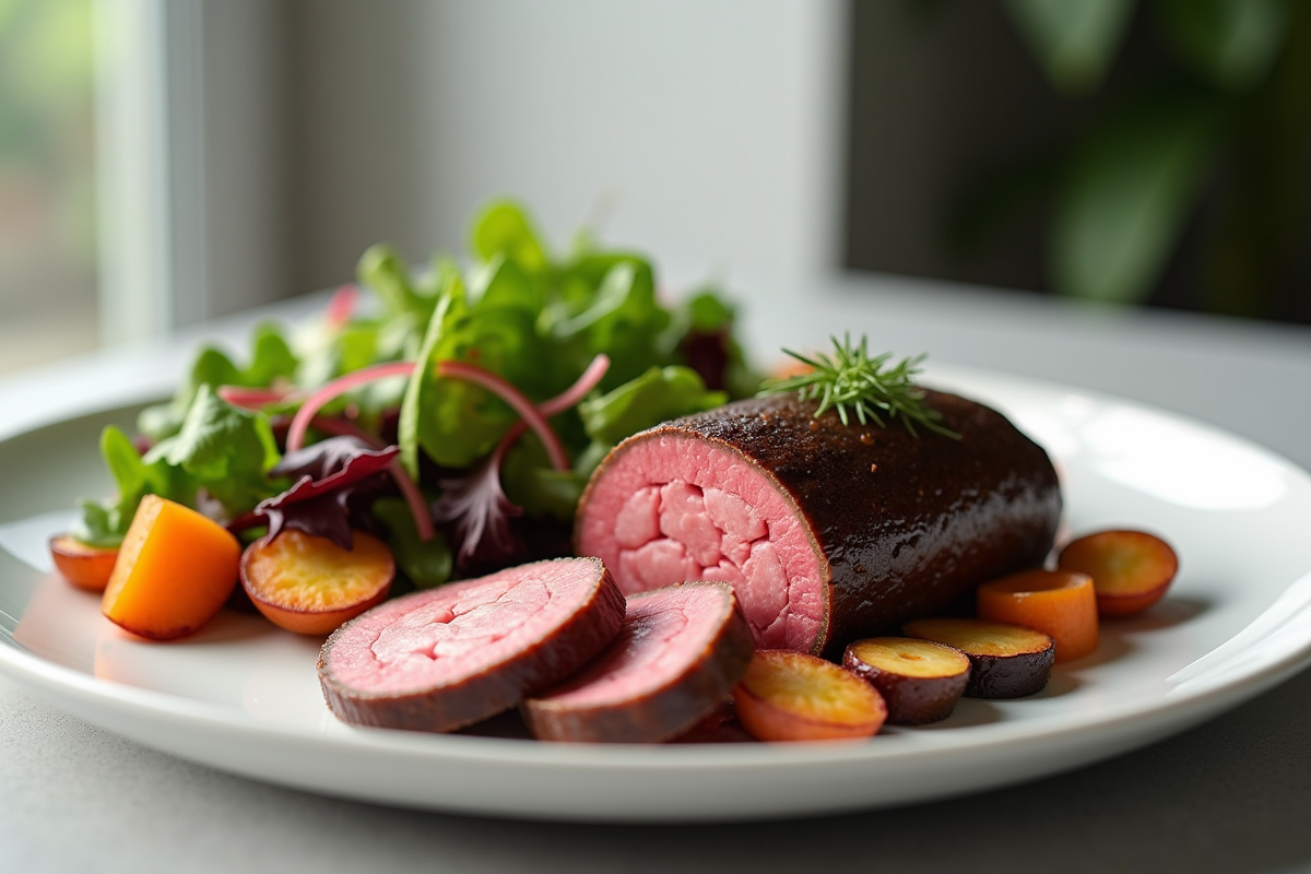 Boudin noir tranché avec salade et légumes rôtis