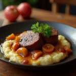 Plat de boudin noir avec pommes sautées et purée