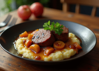 Plat de boudin noir avec pommes sautées et purée