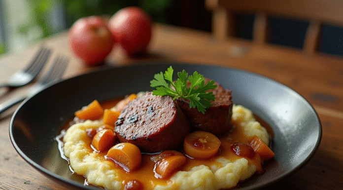 Plat de boudin noir avec pommes sautées et purée