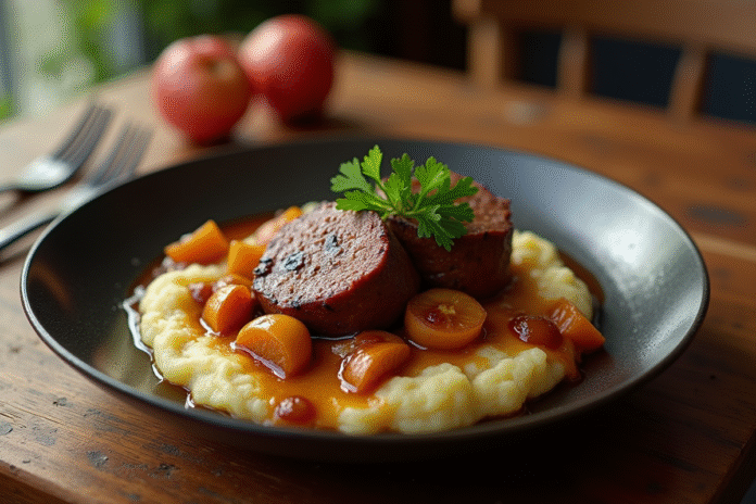 boudin-noir-plat-rustique Plat de boudin noir avec pommes sautées et purée