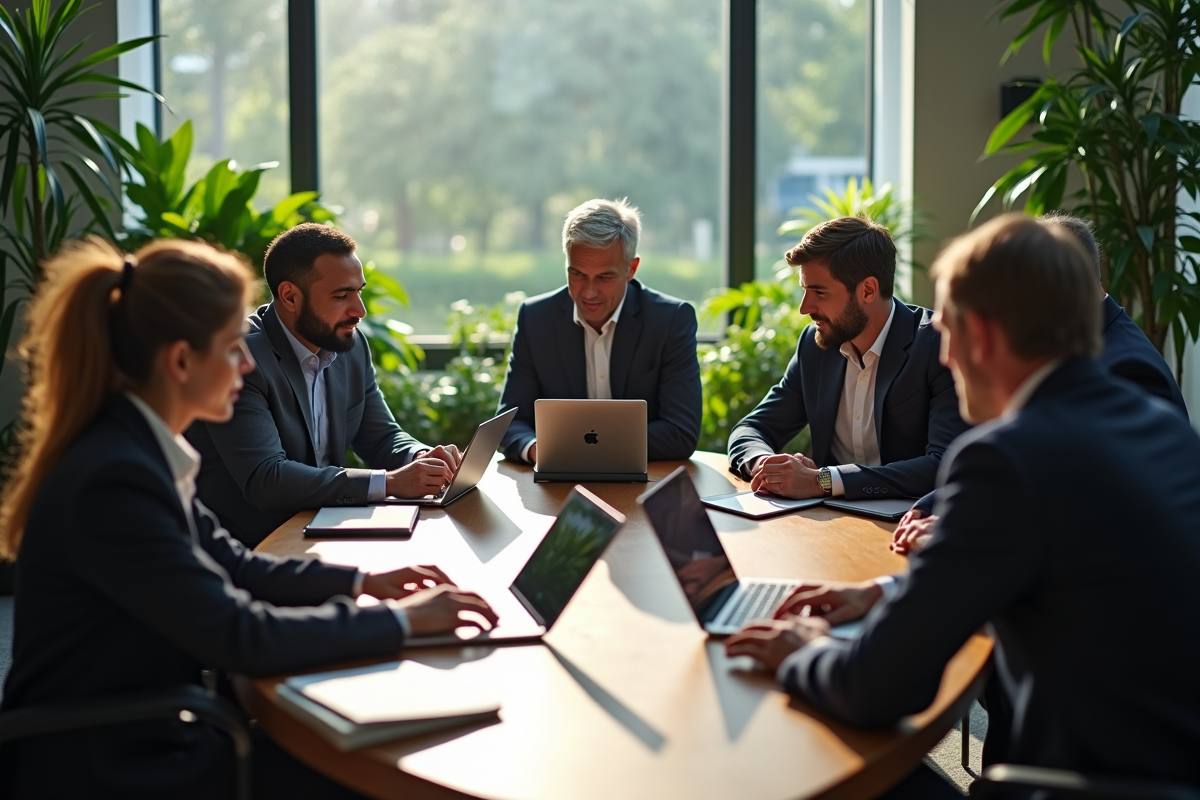 Groupe de professionnels en réunion autour de table avec tablettes