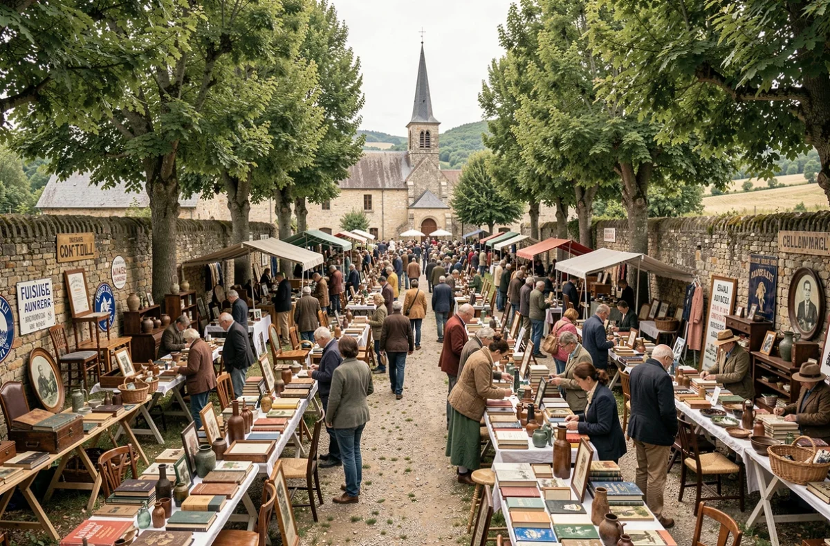 Vue panoramique d'une brocante en plein air animée dans un village du Cantal avec nombreux visiteurs et exposants