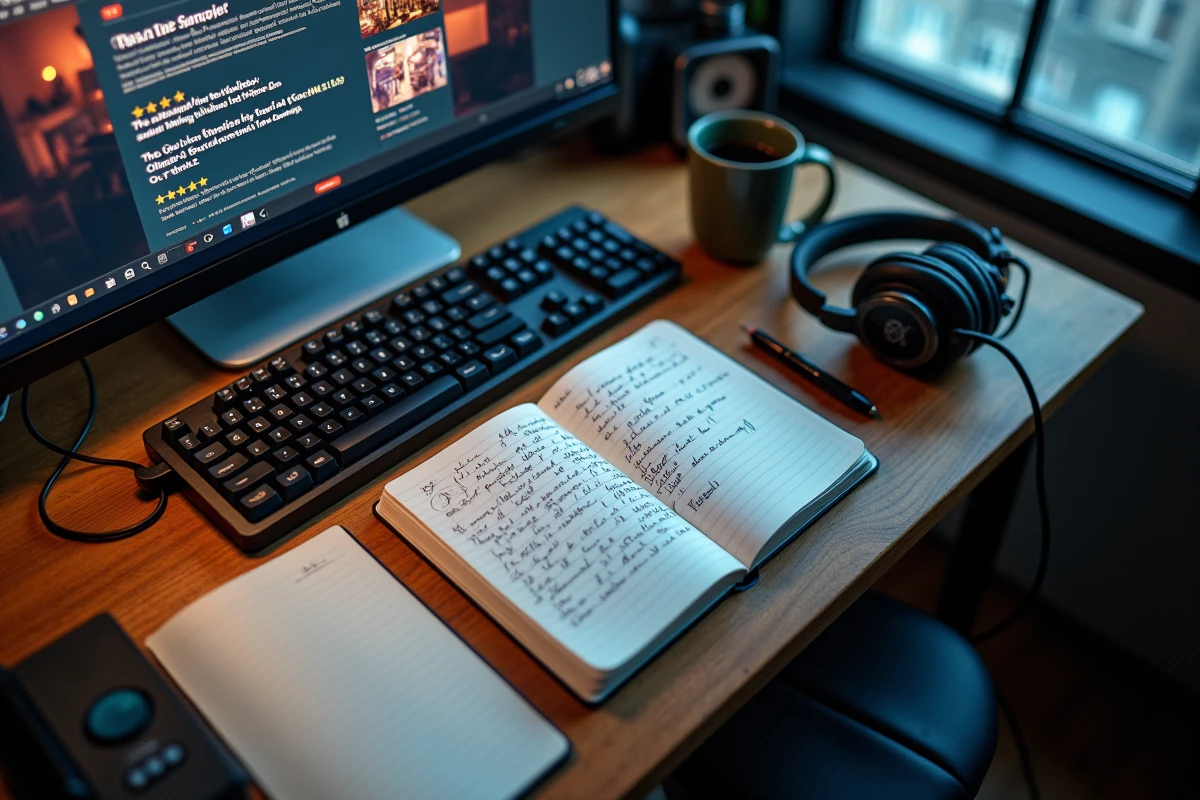Gros plan d'un bureau de rédacteur avec casque audio, carnet de notes et interface de blog de tests hi-fi sur écran d'ordinateur