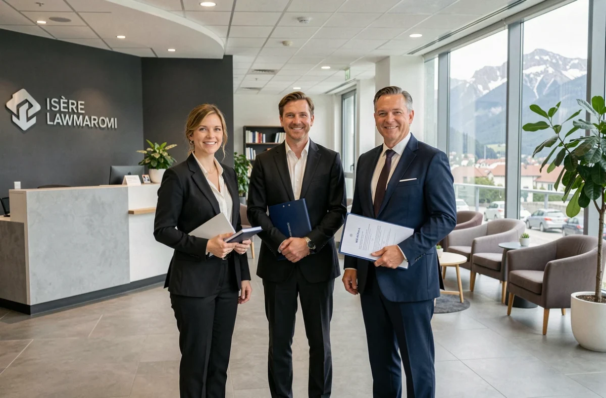 Cabinet Erick Zenou Avocats et Associés, équipe pluridisciplinaire en Isère, trois avocats en tenue formelle dans le hall du cabinet