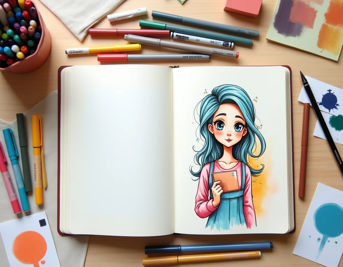 Vue de dessus d'un carnet de dessin ouvert avec des feutres colorés et des erreurs de coloriage visibles