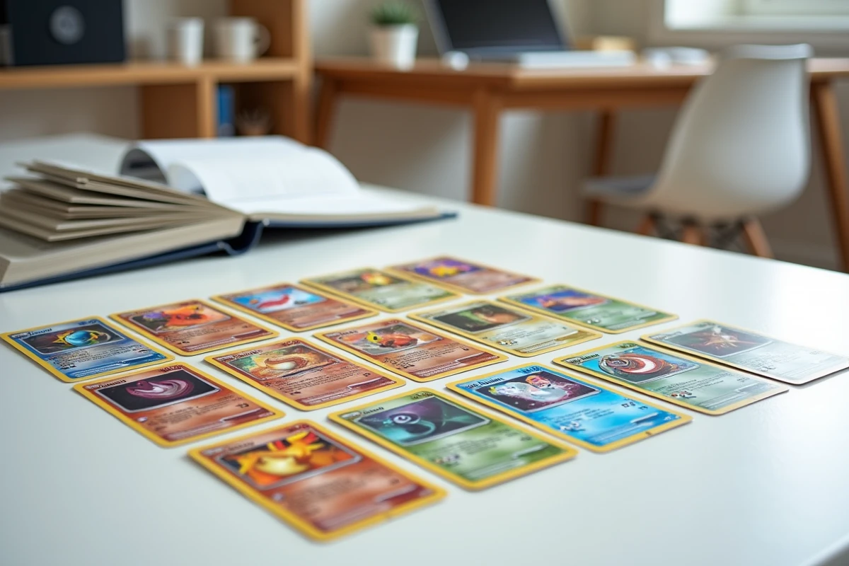 Flat lay de cartes Pokémon holographiques de la série Écarlate et Violet EV09 disposées sur une table en bois blanc avec des boosters ouverts
