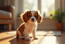 Miniature cavalier king charles chiot assis attentivement en intérieur